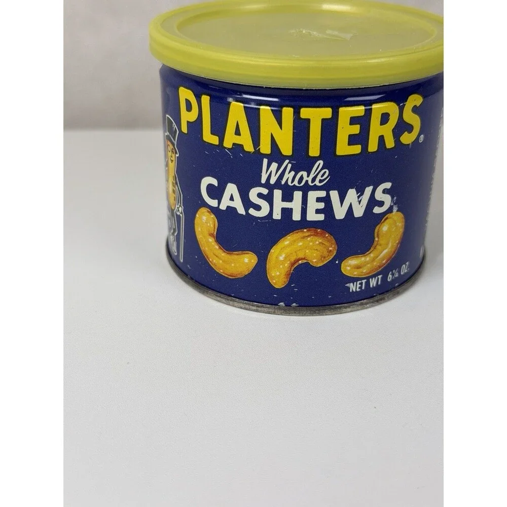 Vintage Planters Whole Cashews Tin with Yellow Lid - 6.5 oz Key-Open Metal Can